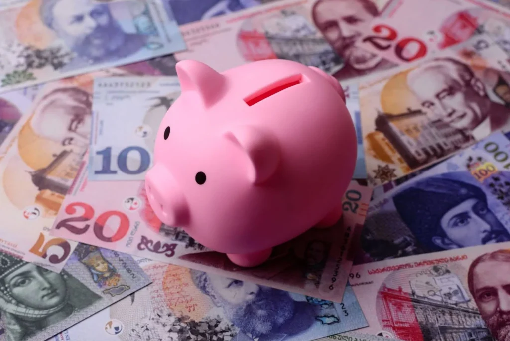 piggy bank on top of pile of cash