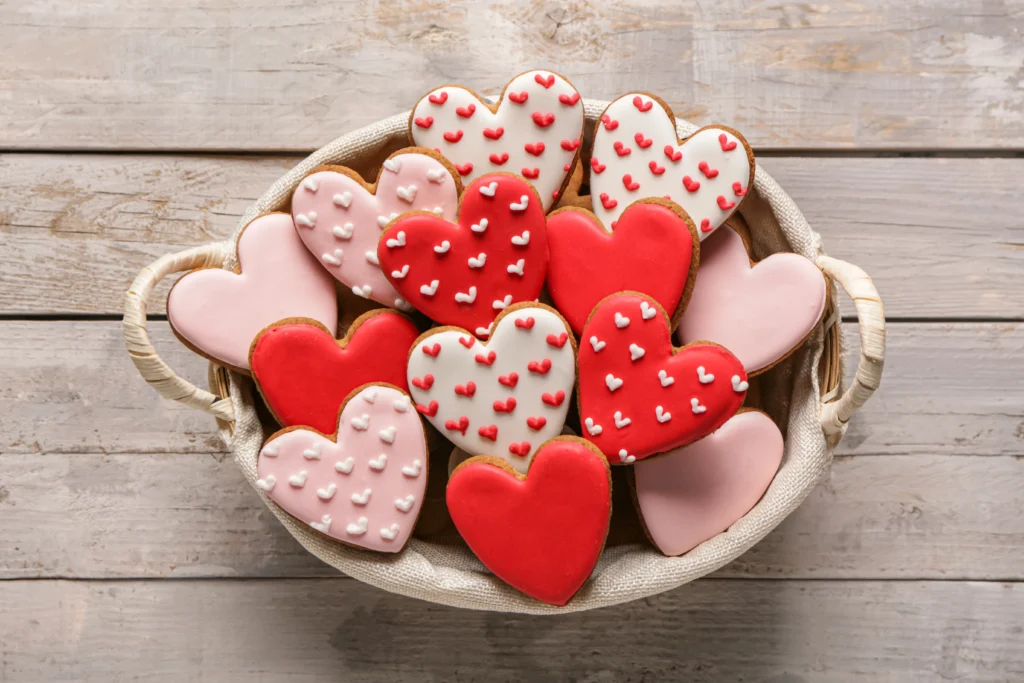 Heart-shaped cookies in a homemade gift basket